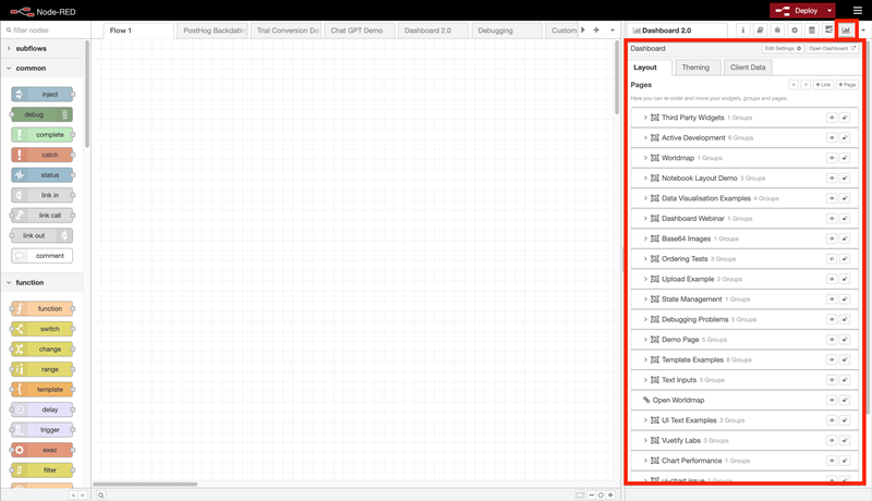 Screenshot showing the Dashboard 2.0 sidebar in the Node-RED Editor.