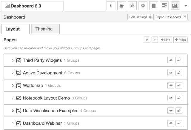 Screenshot of the pages list in the Dashboard 2.0 side panel