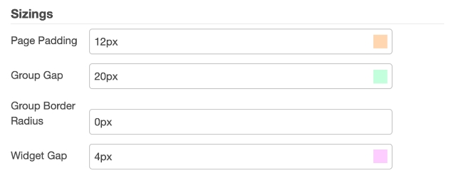 Screenshot of the theme options available to control sizings of the layout