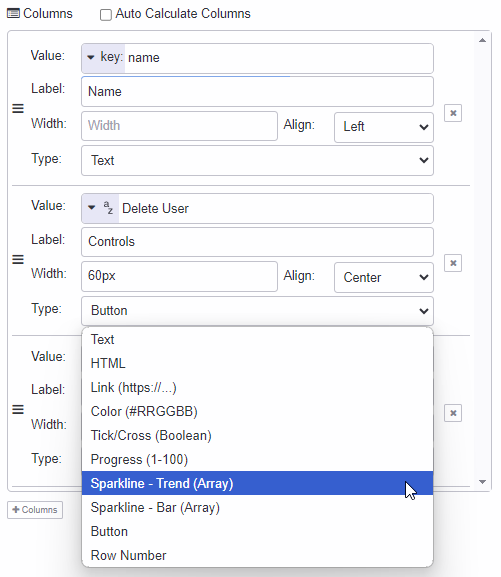 Screenshot of the configuration options available for column types in Node-RED